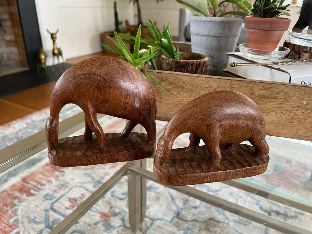 Vintage Hand Carved Wood Drinking Antelope Pair Mid Century Modern Figurines
